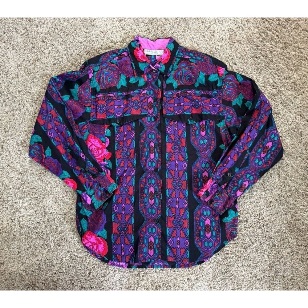 ADOBE ROSE Vtg Purple Floral Button Shirt Western Rodeo Aztec Rockabilly LARGE